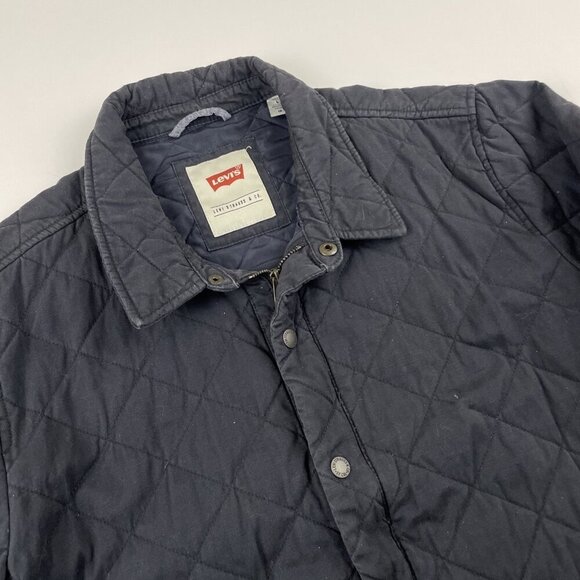 Levi’s Diamond Quilted Jacket Men’s L Navy Blue Insulated Snap Up Coat Cotton - Picture 1 of 12